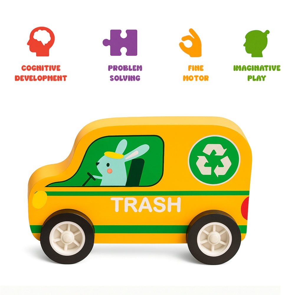 Minnics Wooden Toy Cars Set for Kids (6 pcs) | Police, Ambulance, Taxi, School Bus, Fire Truck & Trash Truck | Montessori Educational Vehicles