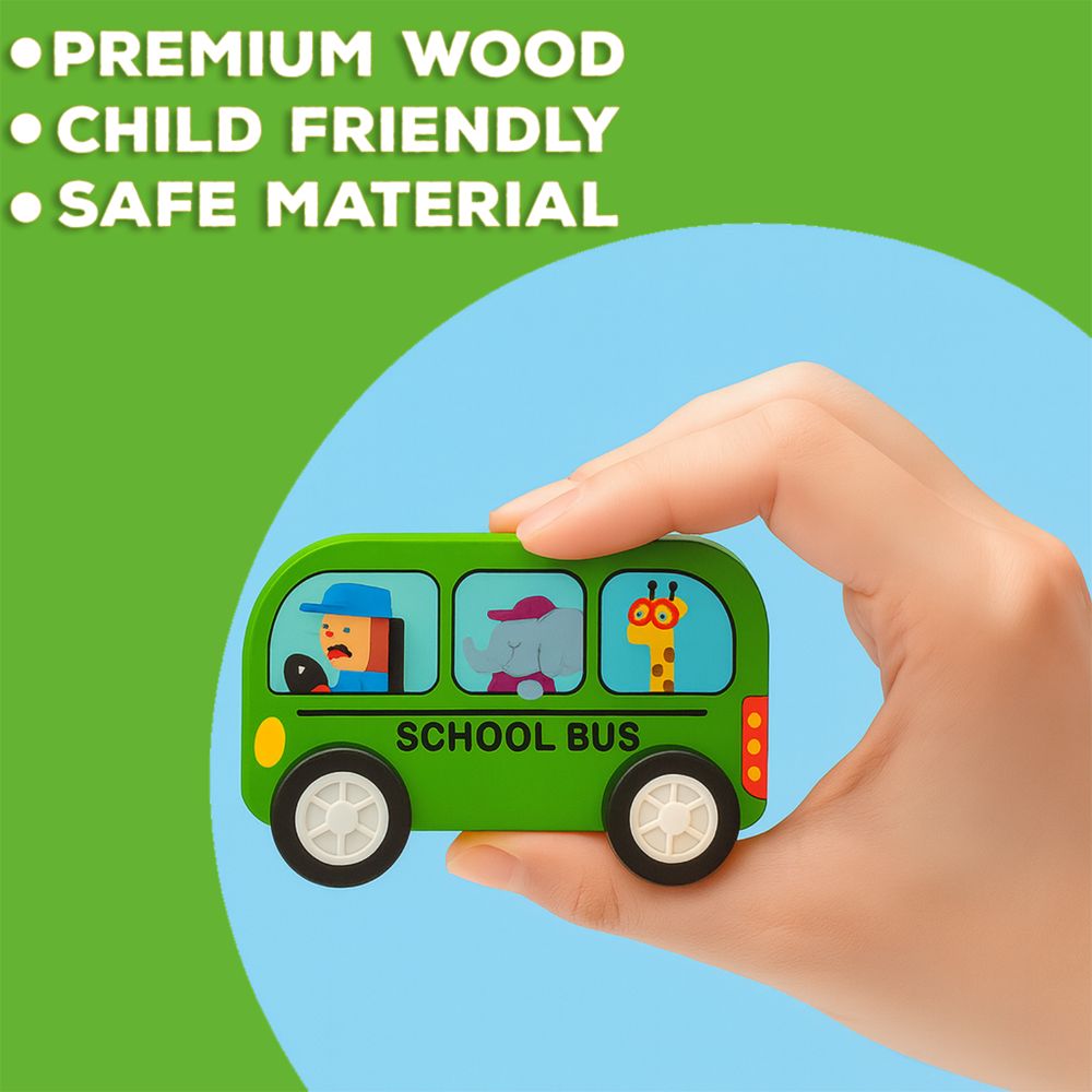 Minnics Wooden Toy Cars Set for Kids (6 pcs) | Police, Ambulance, Taxi, School Bus, Fire Truck & Trash Truck | Montessori Educational Vehicles