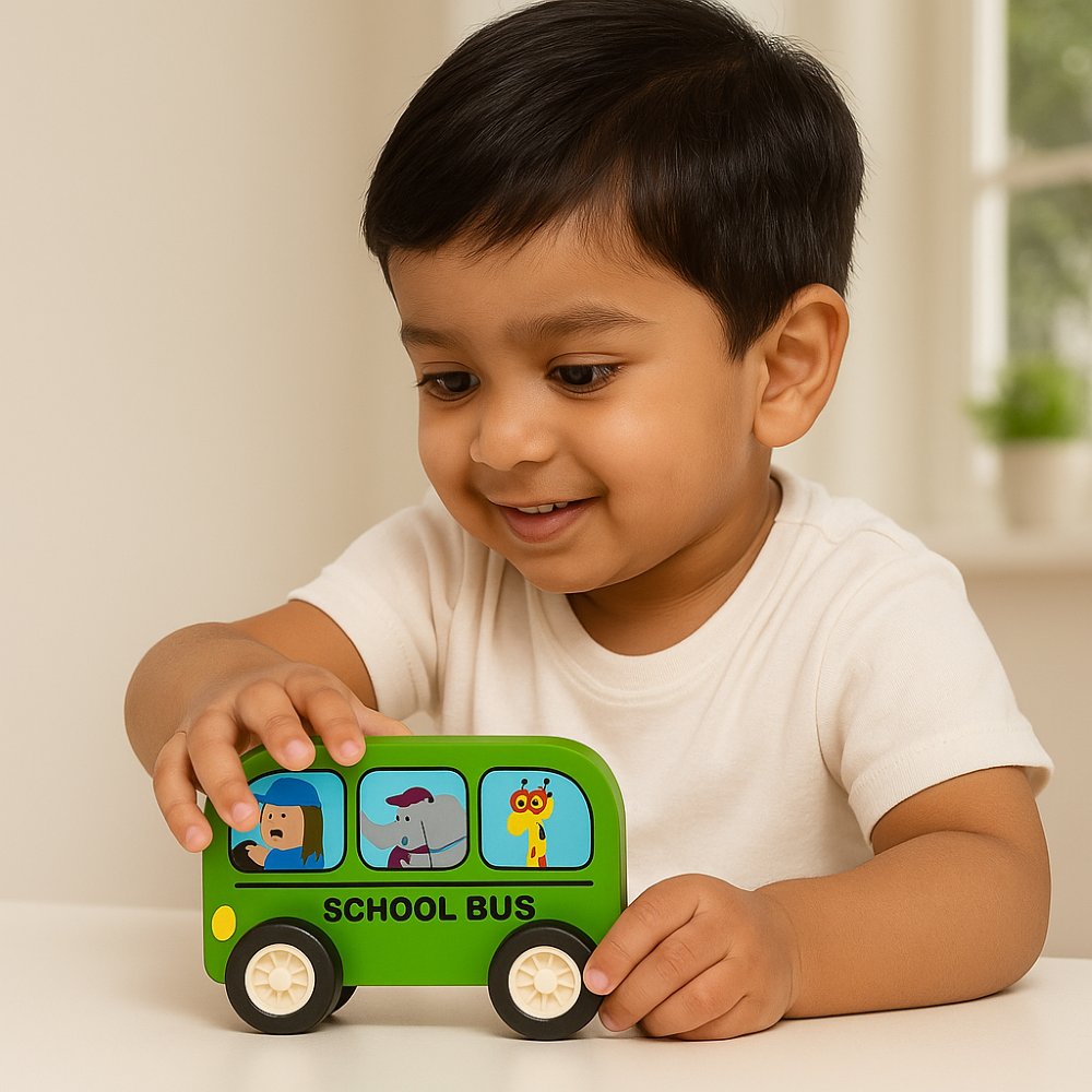 Minnics Wooden Toy Cars Set for Kids (6 pcs) | Police, Ambulance, Taxi, School Bus, Fire Truck & Trash Truck | Montessori Educational Vehicles