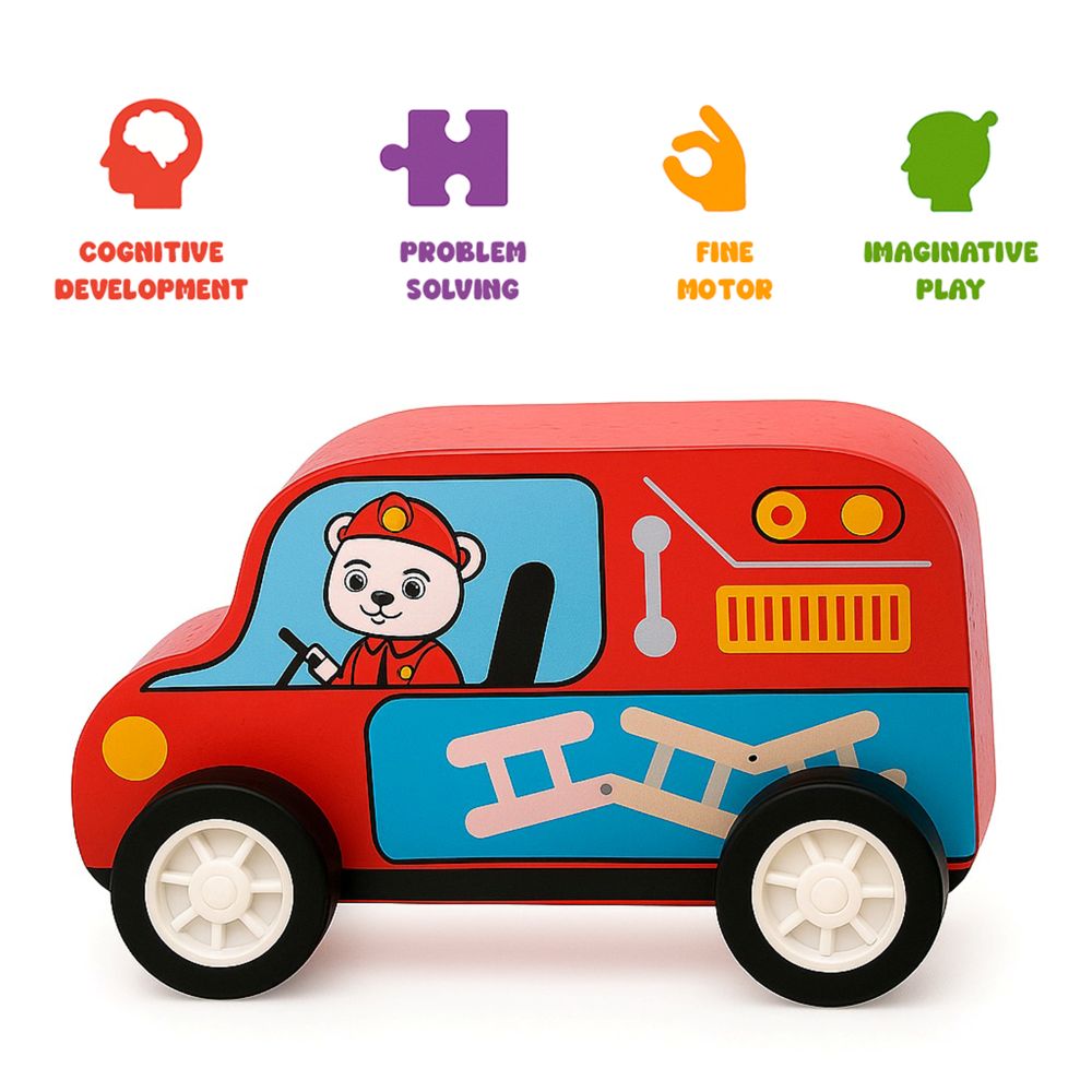 Minnics Wooden Toy Cars Set for Kids (6 pcs) | Police, Ambulance, Taxi, School Bus, Fire Truck & Trash Truck | Montessori Educational Vehicles