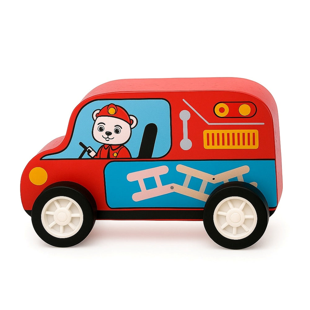 Minnics Wooden Toy Cars Set for Kids (6 pcs) | Police, Ambulance, Taxi, School Bus, Fire Truck & Trash Truck | Montessori Educational Vehicles