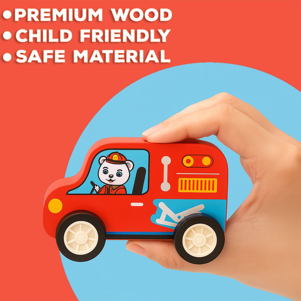 Minnics Wooden Toy Cars Set for Kids (6 pcs) | Police, Ambulance, Taxi, School Bus, Fire Truck & Trash Truck | Montessori Educational Vehicles