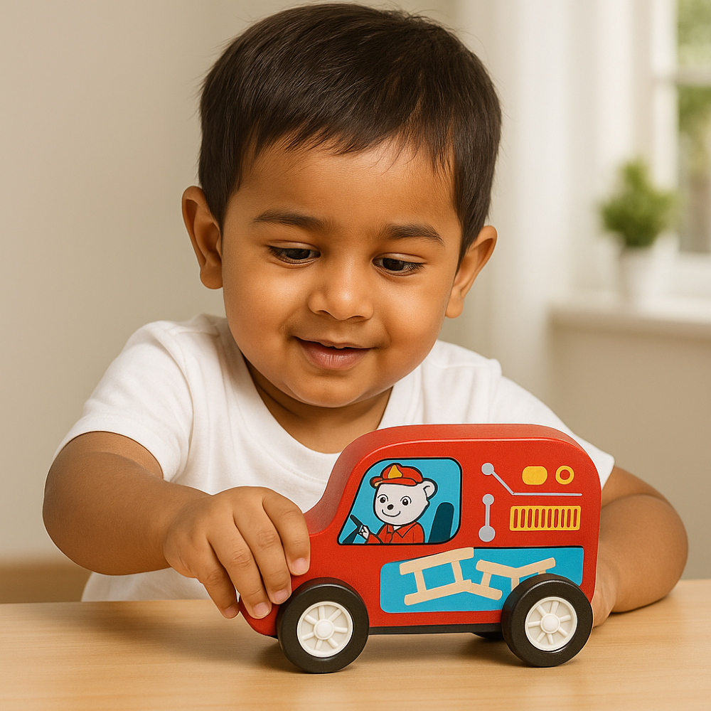 Minnics Wooden Toy Cars Set for Kids (6 pcs) | Police, Ambulance, Taxi, School Bus, Fire Truck & Trash Truck | Montessori Educational Vehicles