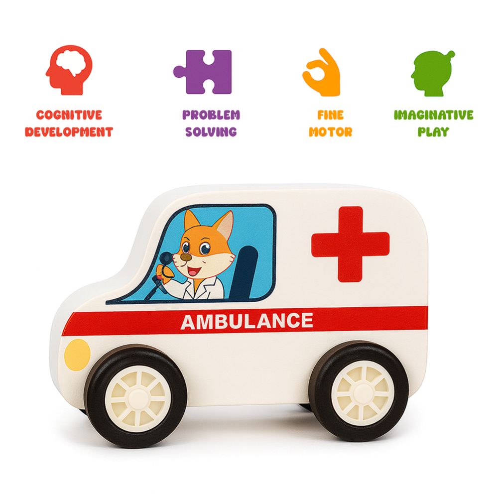 Minnics Wooden Toy Cars Set for Kids (6 pcs) | Police, Ambulance, Taxi, School Bus, Fire Truck & Trash Truck | Montessori Educational Vehicles