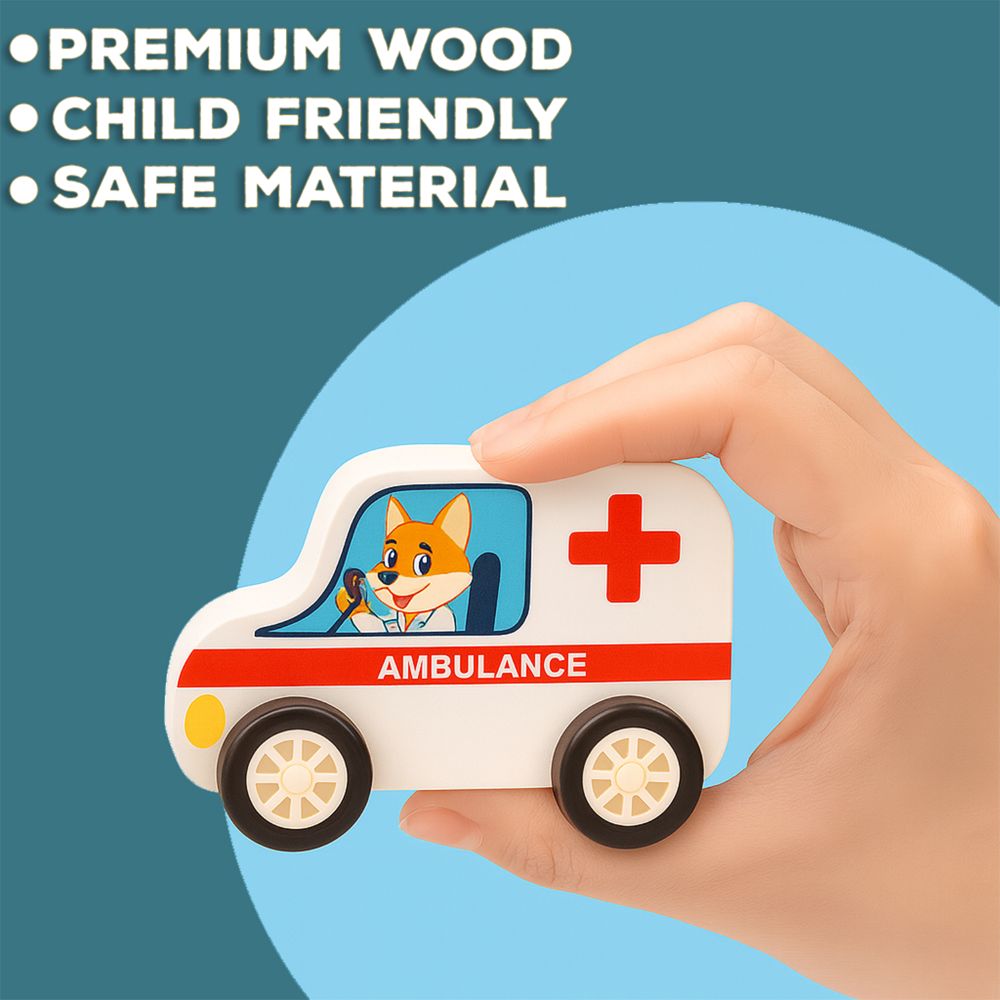 Minnics Wooden Toy Cars Set for Kids (6 pcs) | Police, Ambulance, Taxi, School Bus, Fire Truck & Trash Truck | Montessori Educational Vehicles