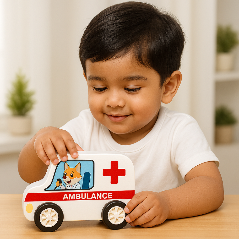 Minnics Wooden Toy Cars Set for Kids (6 pcs) | Police, Ambulance, Taxi, School Bus, Fire Truck & Trash Truck | Montessori Educational Vehicles