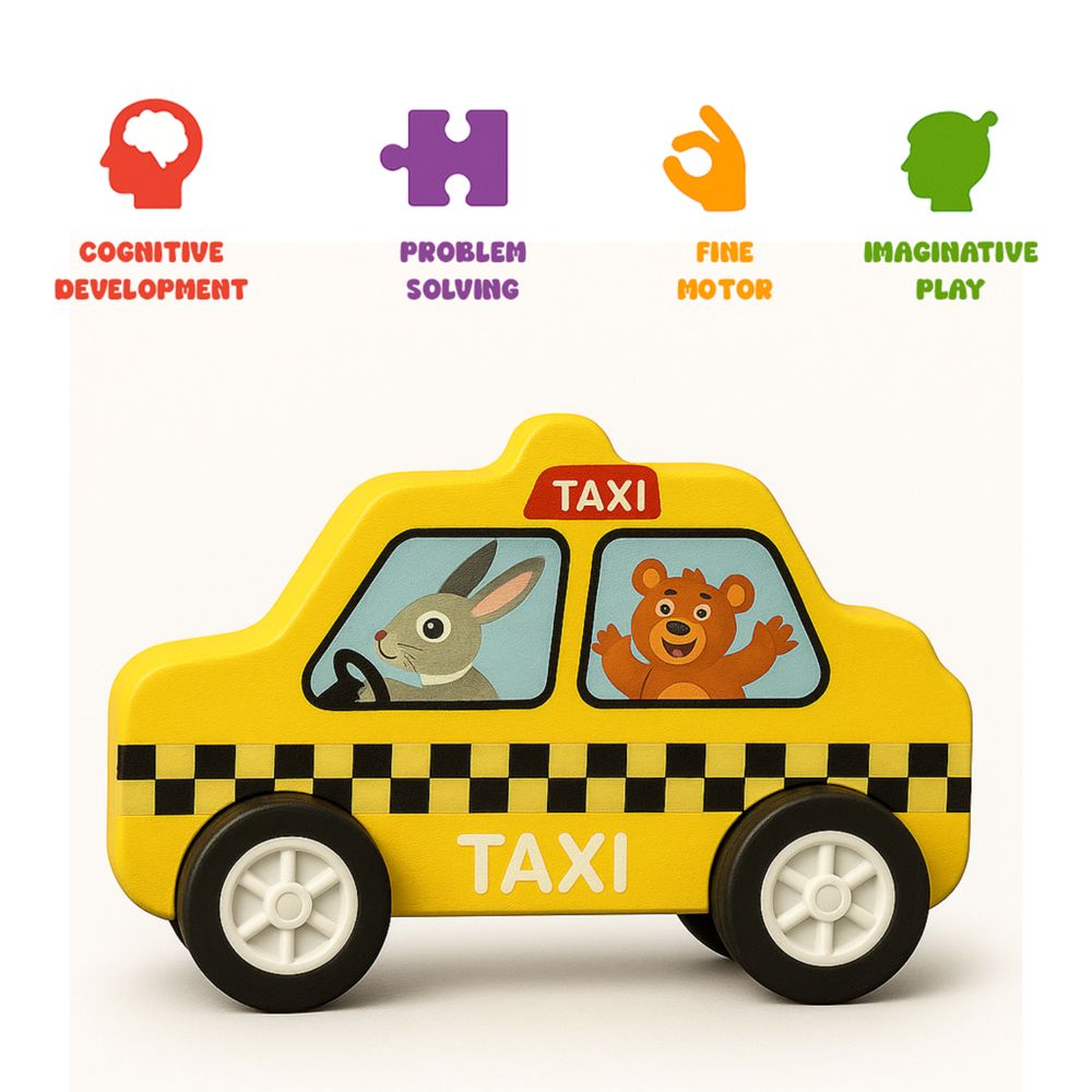 Minnics Wooden Toy Cars Set for Kids (6 pcs) | Police, Ambulance, Taxi, School Bus, Fire Truck & Trash Truck | Montessori Educational Vehicles