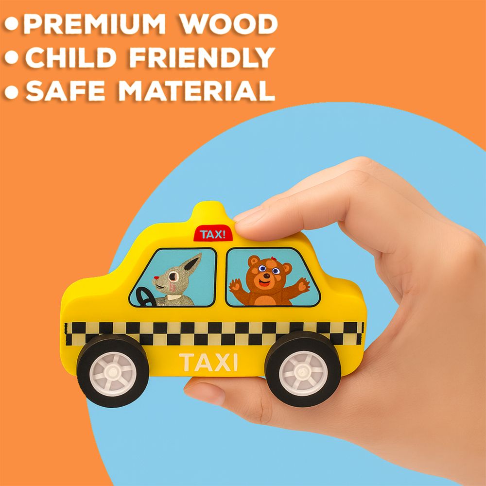 Minnics Wooden Toy Cars Set for Kids (6 pcs) | Police, Ambulance, Taxi, School Bus, Fire Truck & Trash Truck | Montessori Educational Vehicles