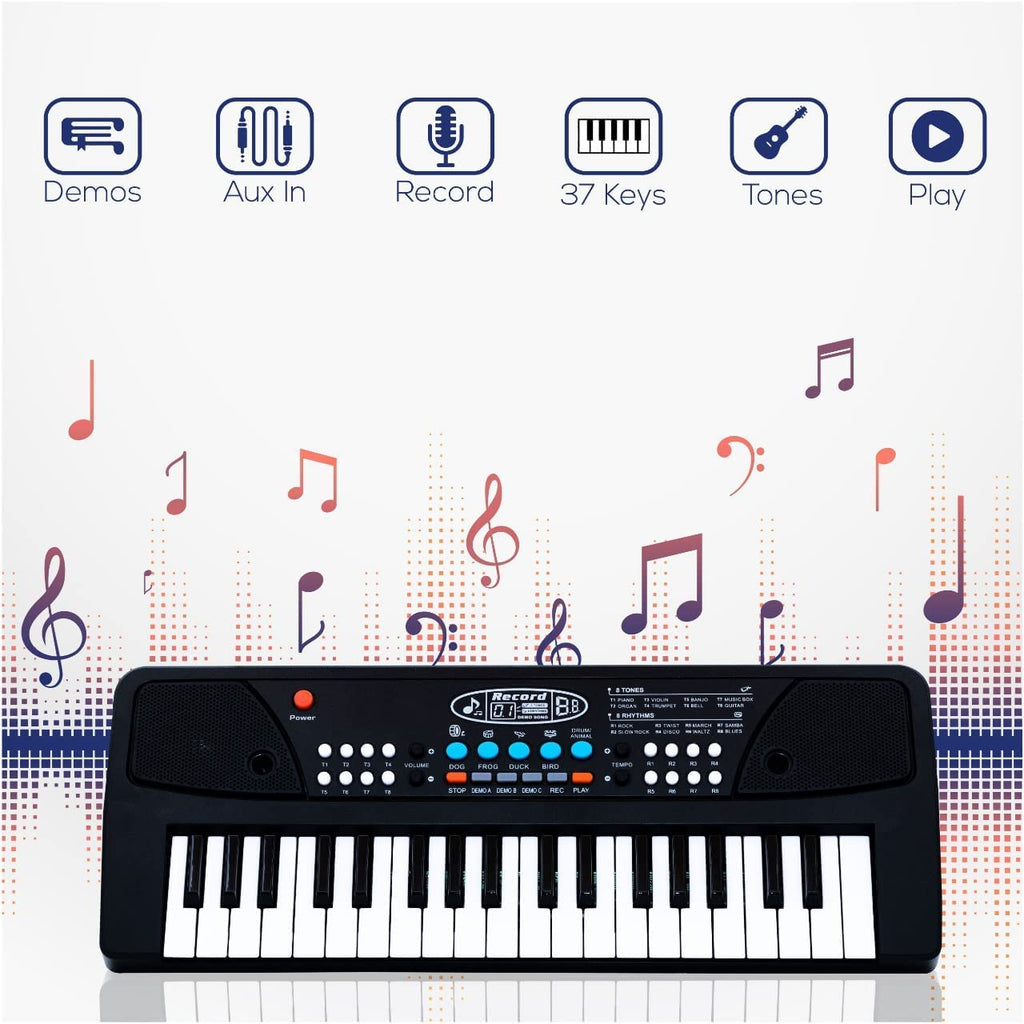 Kids Piano Keyboard with Mic (1 Year Warranty) 37 Keys 8 Rhythms 8 Tones 6 Demos Portable Electronic Keyboard Toy Beginners Educational Songs Recording Musical Toys 2 3 4 5 Years Boys Girls