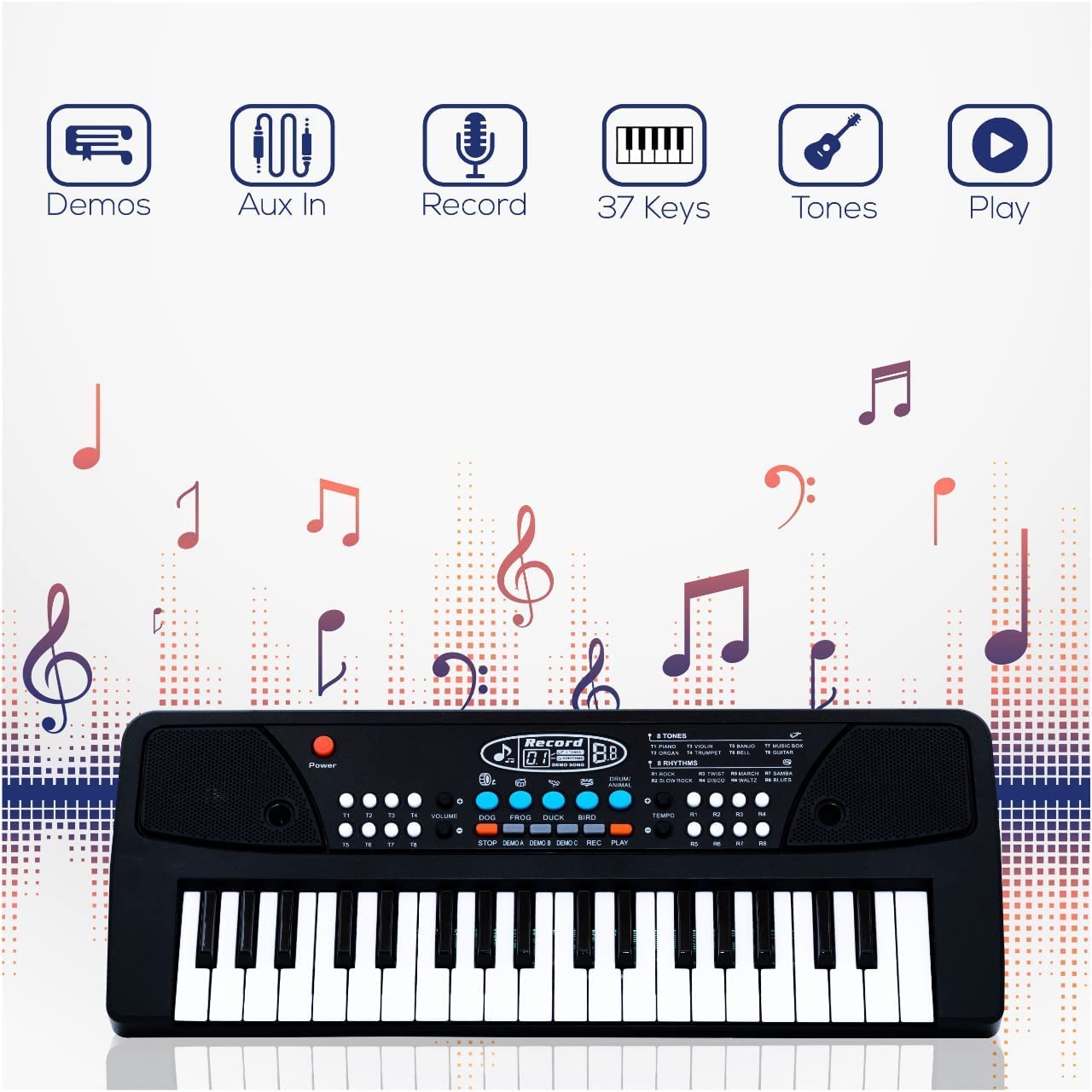 Kids Piano Keyboard with Mic (1 Year Warranty) 37 Keys 8 Rhythms 8 Tones 6 Demos Portable Electronic Keyboard Toy Beginners Educational Songs Recording Musical Toys 2 3 4 5 Years Boys Girls