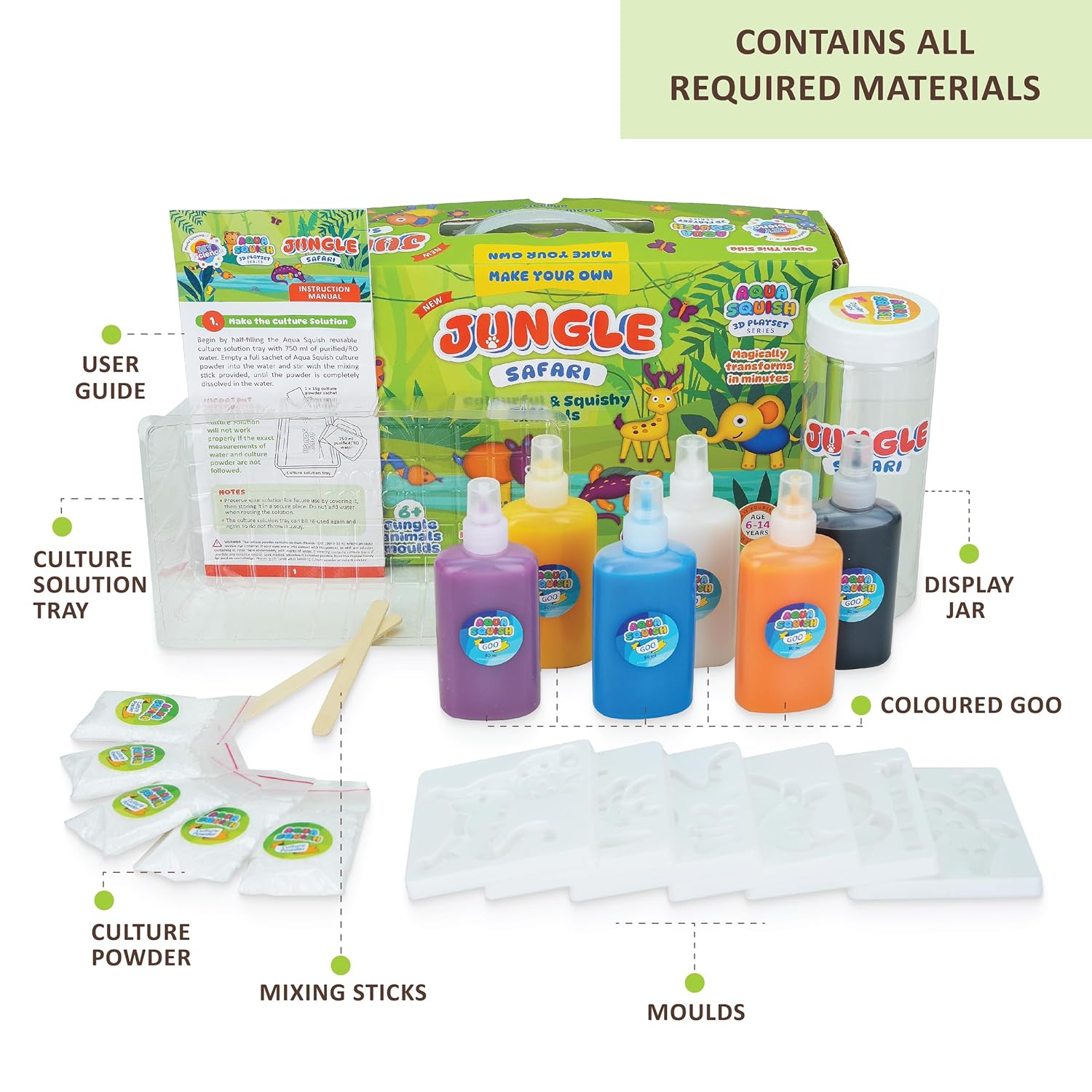 Jungle Safari Aqua Squish Kit |  Magic Water Elf Gel Toys for Girls and Boys | 6 Animal Moulds | Ideal for Birthday Gift