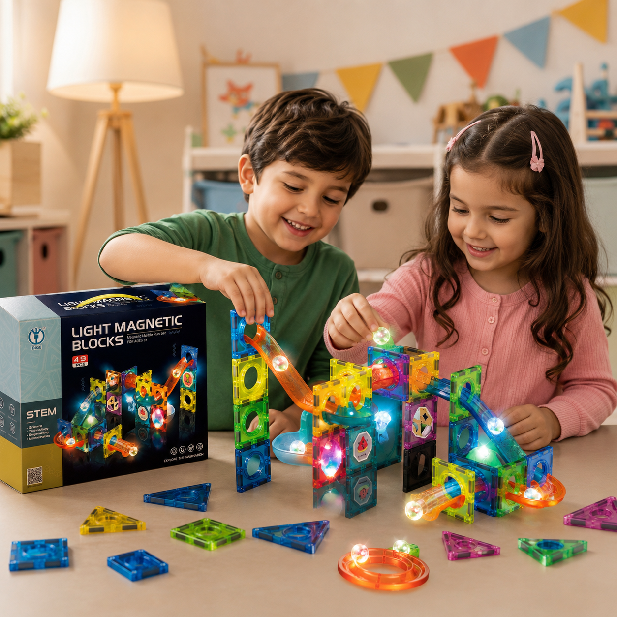 49 PCS Light Magnetic Blocks for Kids | LED Magnetic Building Tiles | STEM Educational Construction Toy | Age 3+ Years
