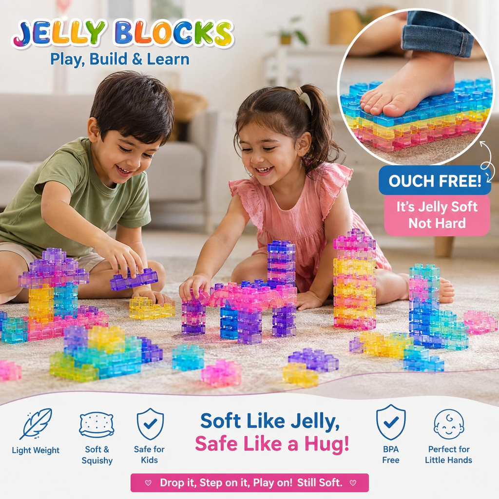 MINNICS Jelly Blocks Building Set | Soft & Flexible Construction Blocks | STEM Educational Toy for Kids 3+ Years | BPA-Free Building Blocks