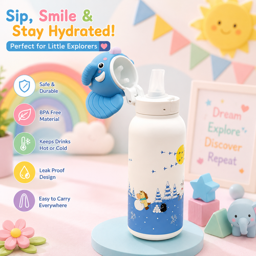 AFRESH 365 Elephant Collection Stainless Steel Vacuum Insulated Water Bottle 560ml (19oz) | Kids Leakproof Straw Bottle with Flip-Top Lid & Carry Strap