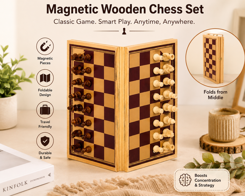 Magnetic Wooden Chess Set | Foldable Travel Chess Board with Magnetic Pieces | Classic Strategy Game for Kids & Adults | Portable Wooden Chess Set