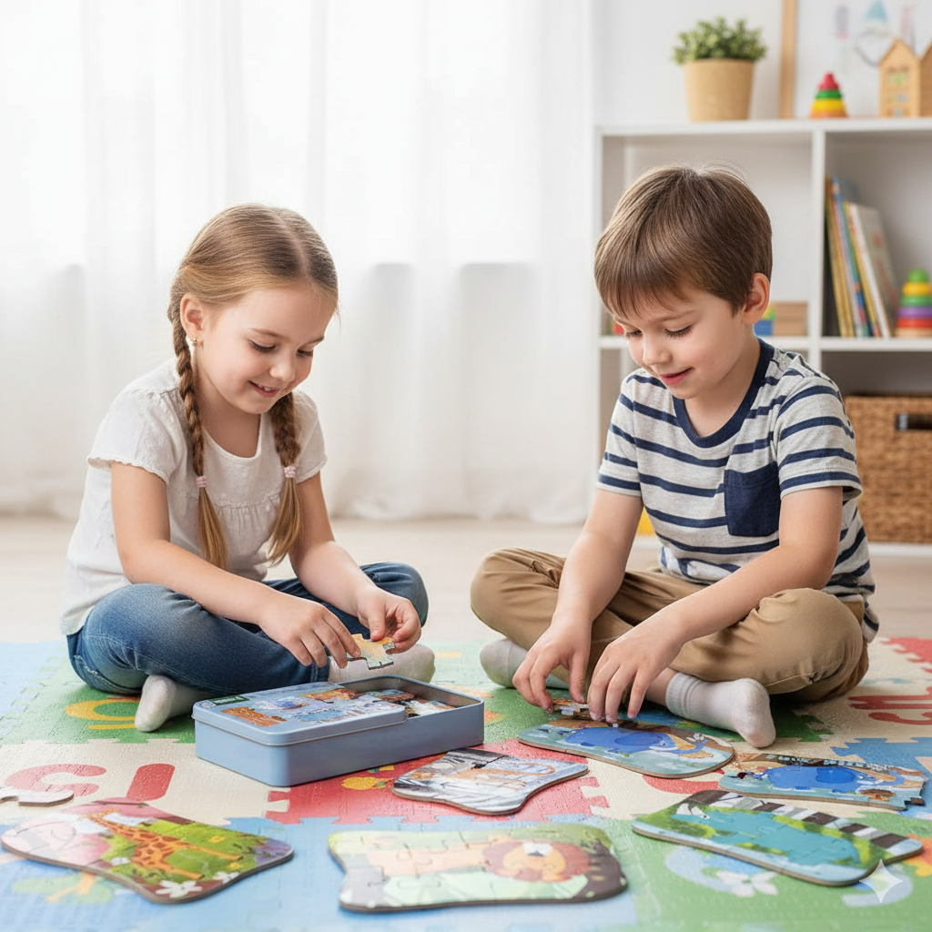 Wooden Jungle Animal Puzzles for Kids with Metal Box | Montessori Learning Toy | Forest Animal Wooden Jigsaw Puzzle Set for Toddlers | Brain Development Toy for Age 2 3 4 5 Years