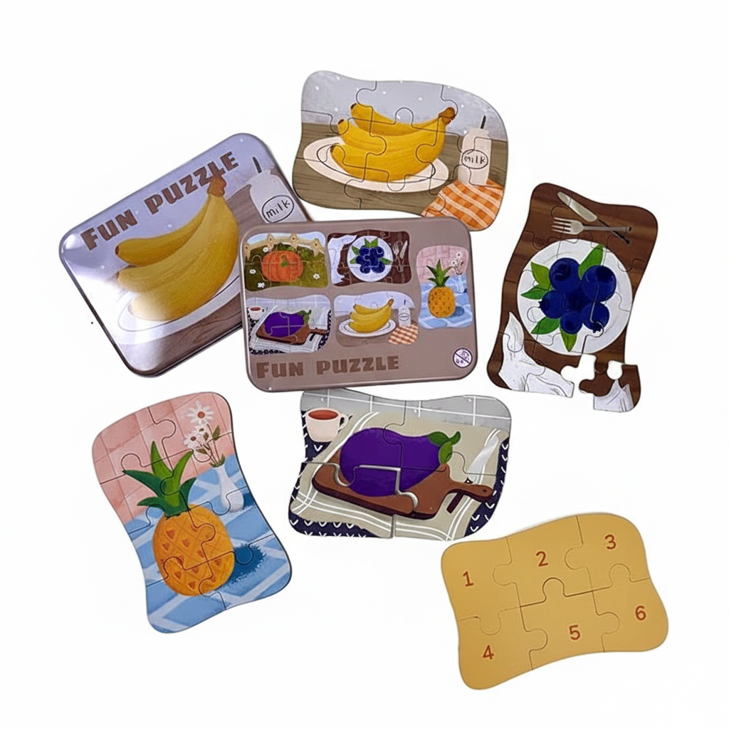 Wooden Fun Fruit Puzzles for Kids with Metal Box | Montessori Toy | Fruits Wooden Jigsaw Puzzle Set for Toddlers | Brain Development Toy for Age 2 3 4 5 Years