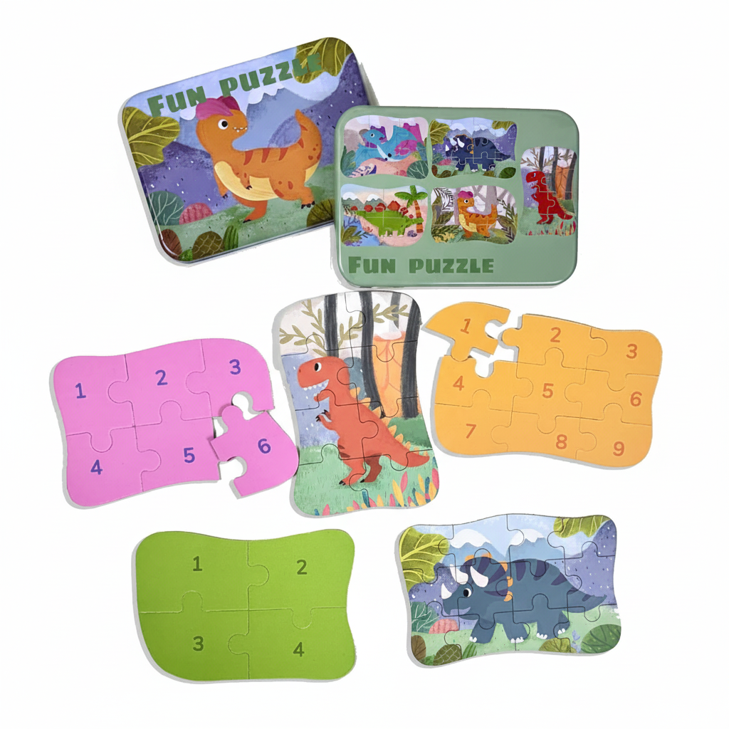 Wooden Fun Dinosaur Puzzles for Kids with Metal Box  Age 2 3 4 5 Years