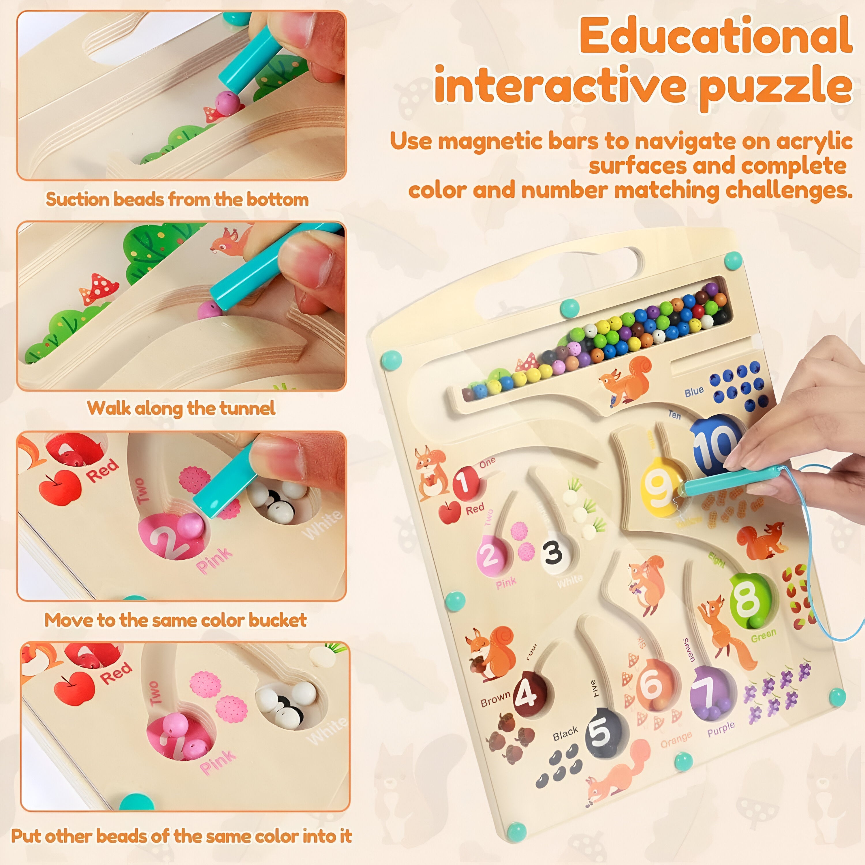 MINNICS Wooden Squirrel Magnetic Counting Maze | Montessori Educational Busy toy for Kids | Color Sorting, Number Learning & STEM Toy for 3+ Years | Hand-Eye Coordination Game