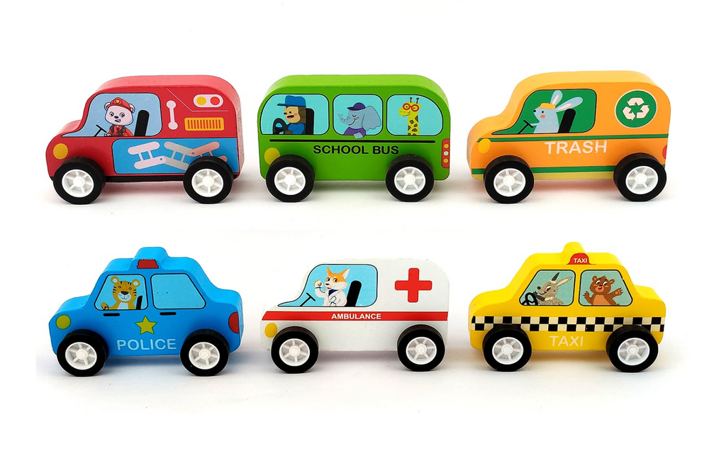Minnics Wooden Toy Cars Set for Kids (6 pcs) | Police, Ambulance, Taxi, School Bus, Fire Truck & Trash Truck | Montessori Educational Vehicles