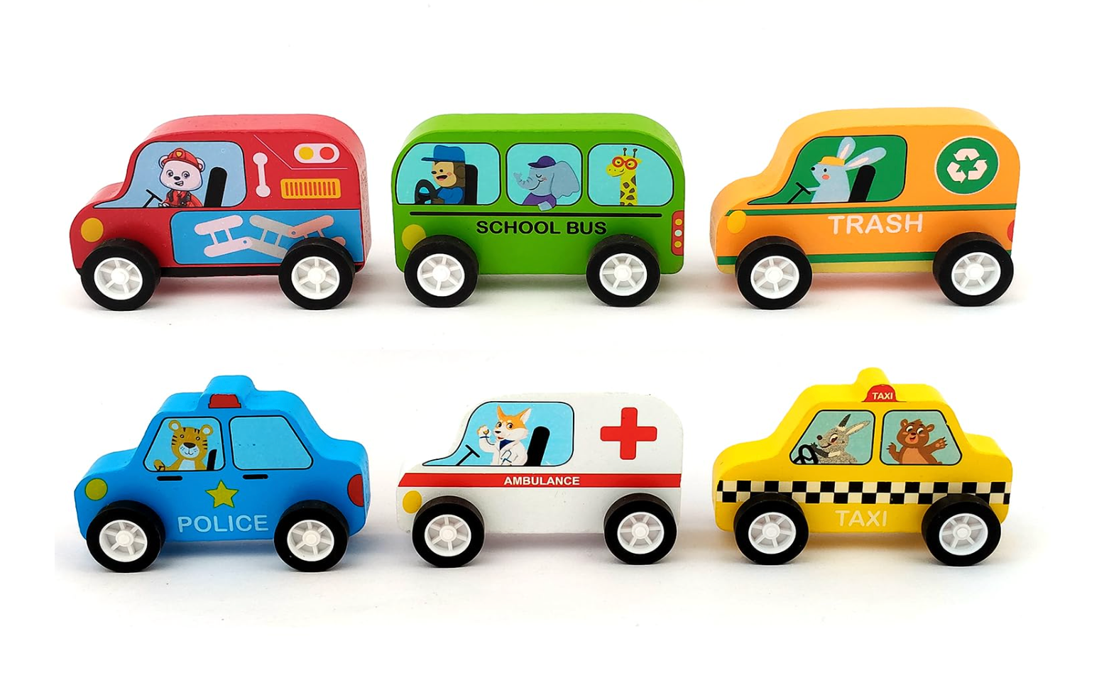 Minnics Wooden Toy Cars Set for Kids (6 pcs) | Police, Ambulance, Taxi, School Bus, Fire Truck & Trash Truck | Montessori Educational Vehicles