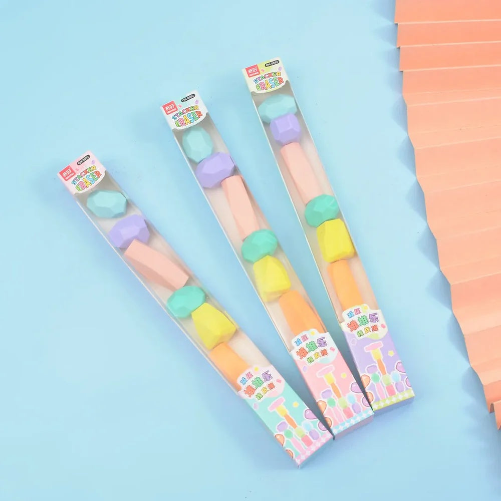 Minnics Stack & Erase Block Erasers for Kids, Geometric Shapes, Bright Pastel and Neon Colors, 10 Pieces