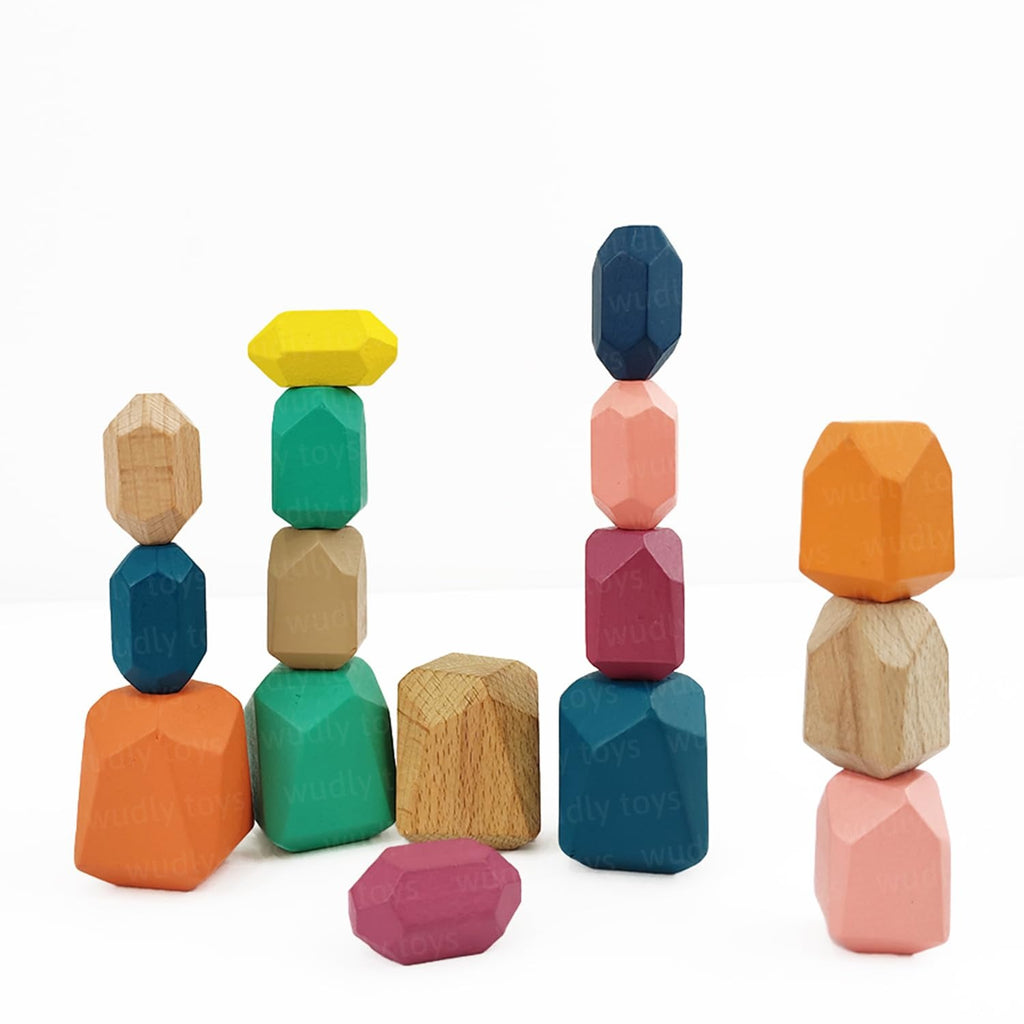 MINNICS Wooden Stacking Stones, 16 Piece Geometric Balancing Building Blocks