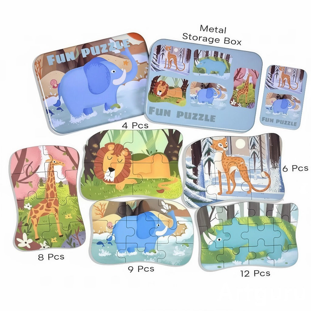 Wooden Jungle Animal Puzzles for Kids with Metal Box | Montessori Learning Toy | Forest Animal Wooden Jigsaw Puzzle Set for Toddlers | Brain Development Toy for Age 2 3 4 5 Years