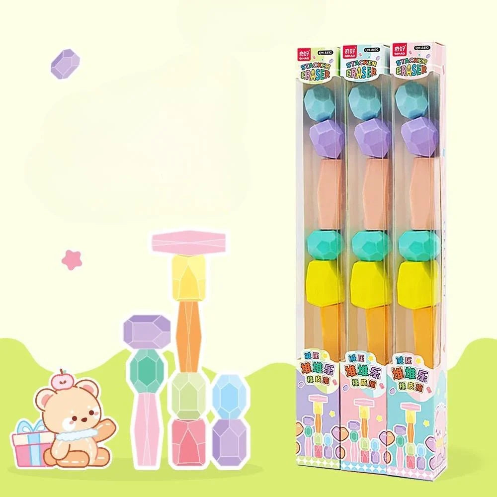 Minnics Stack & Erase Block Erasers for Kids, Geometric Shapes, Bright Pastel and Neon Colors, 10 Pieces