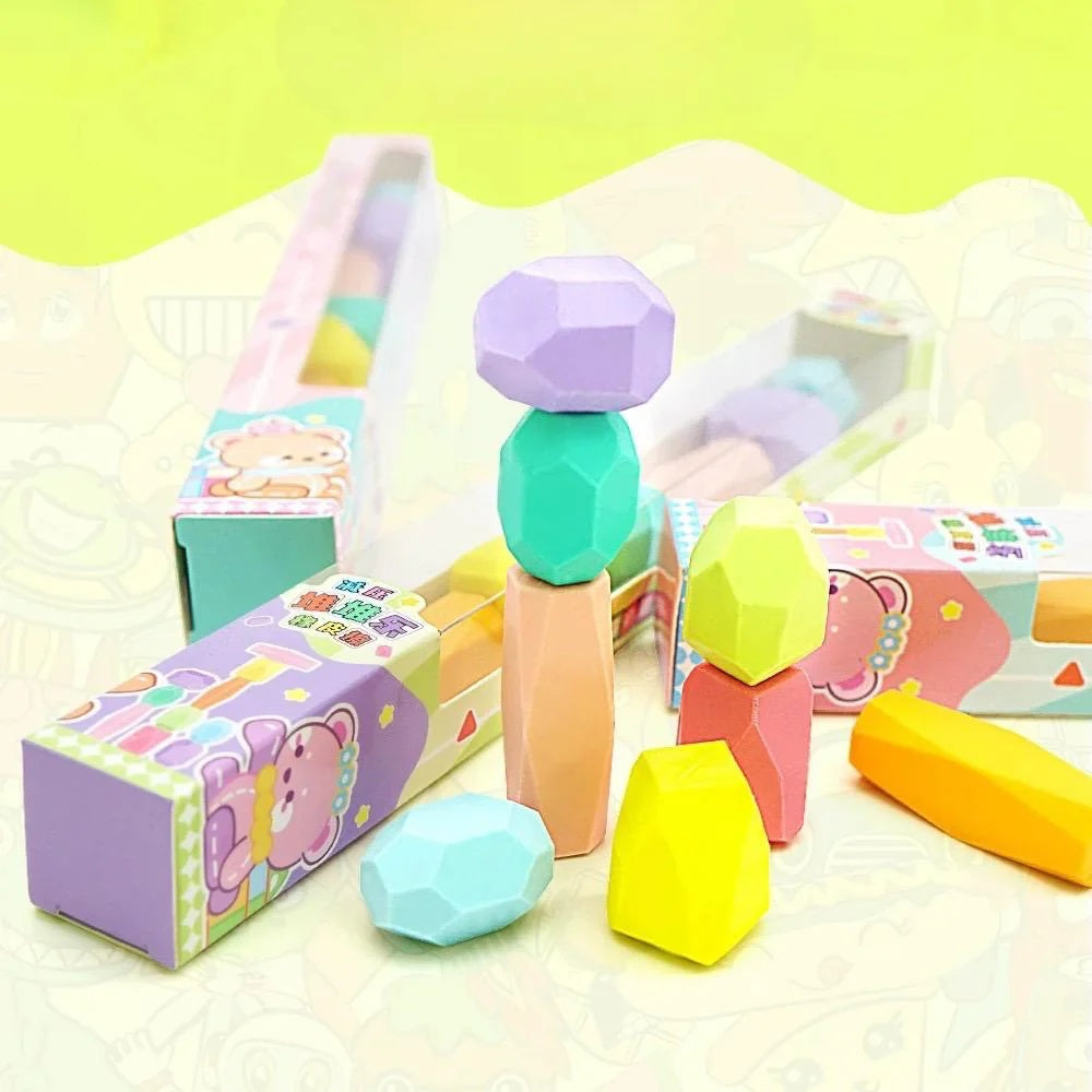 Minnics Stack & Erase Block Erasers for Kids, Geometric Shapes, Bright Pastel and Neon Colors, 10 Pieces